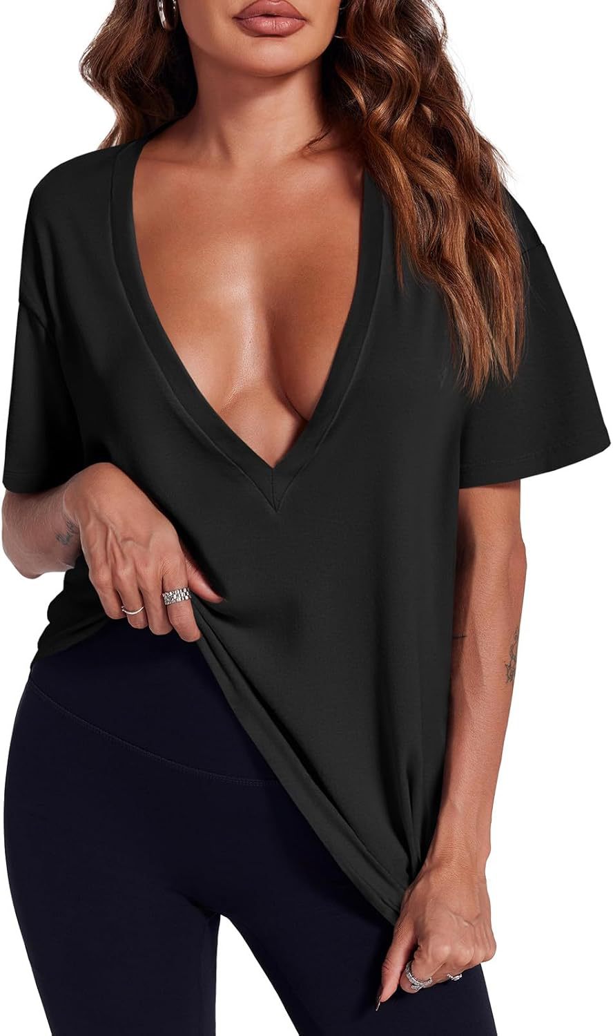 Dusty Pink Deep V-Neck Oversized Casual Tee