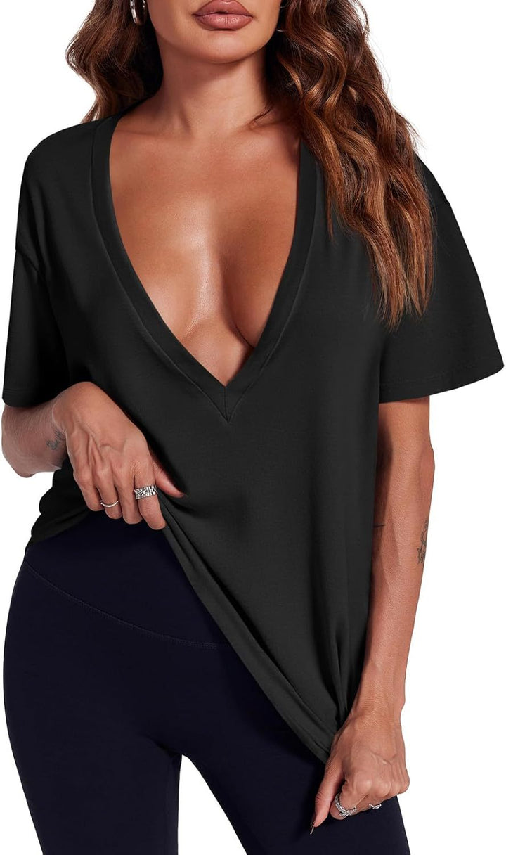 Dusty Pink Deep V-Neck Oversized Casual Tee