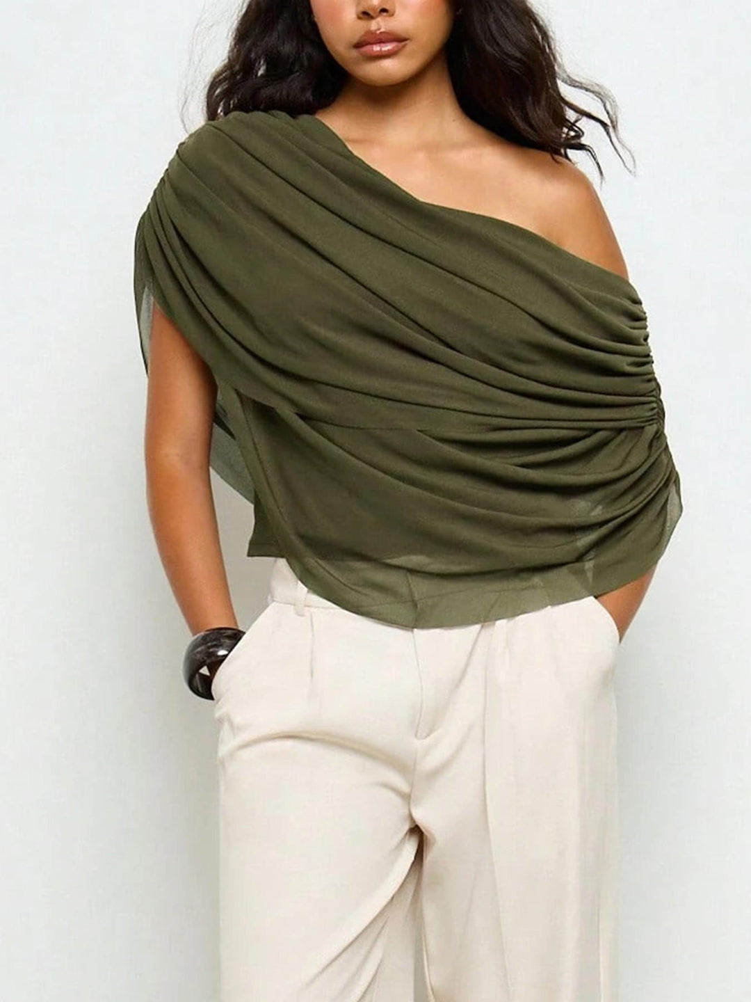 Asymmetric Off Shoulder Draped Mesh Sleeveless Blouse