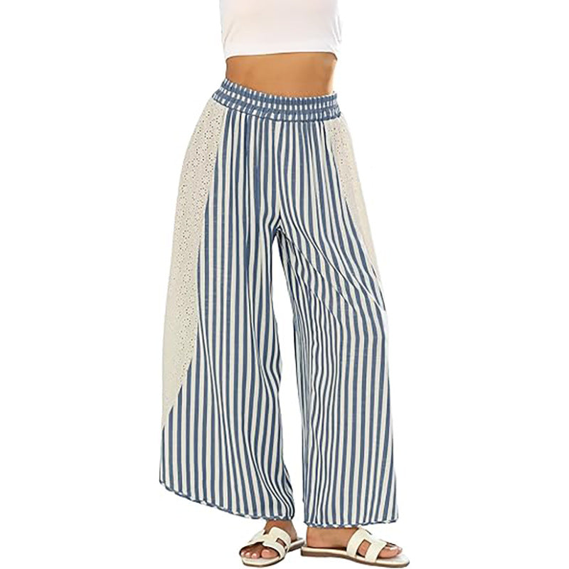 Striped Wide Leg Pants with Crochet Lace Side Panels