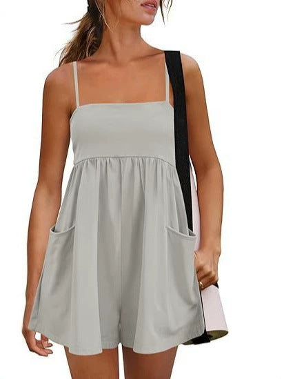Spaghetti Strap Babydoll Romper with Pockets