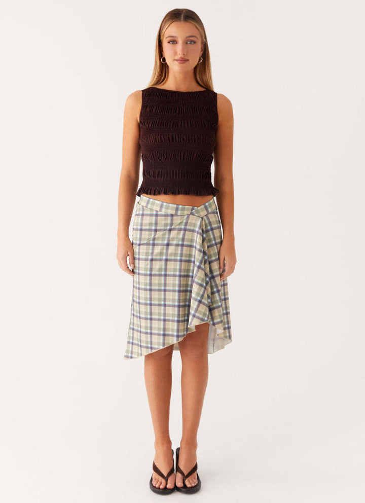 Beige Diagonal Stripe Asymmetric Midi Skirt