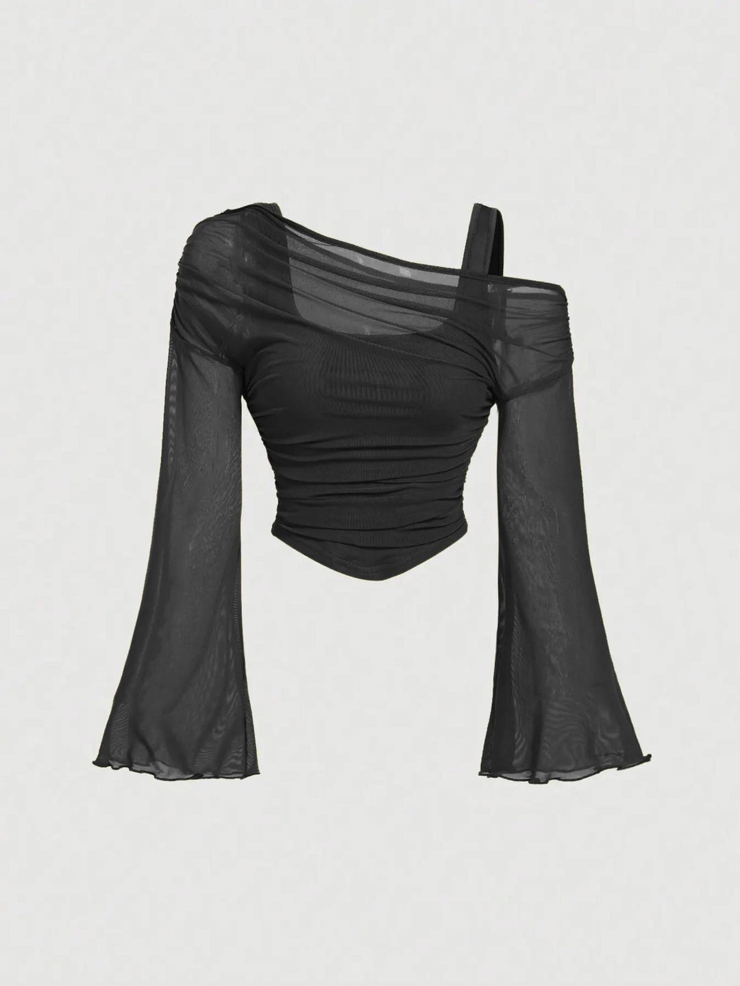 Off-Shoulder Mesh Flare Sleeve Cropped Top