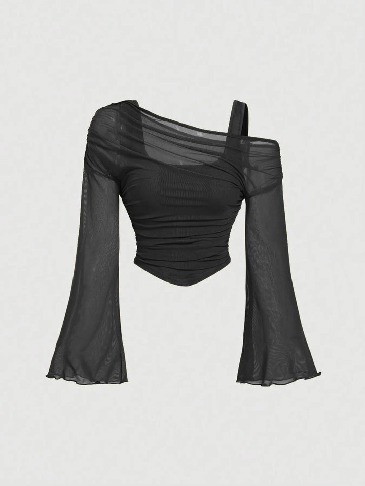 Off-Shoulder Mesh Flare Sleeve Cropped Top
