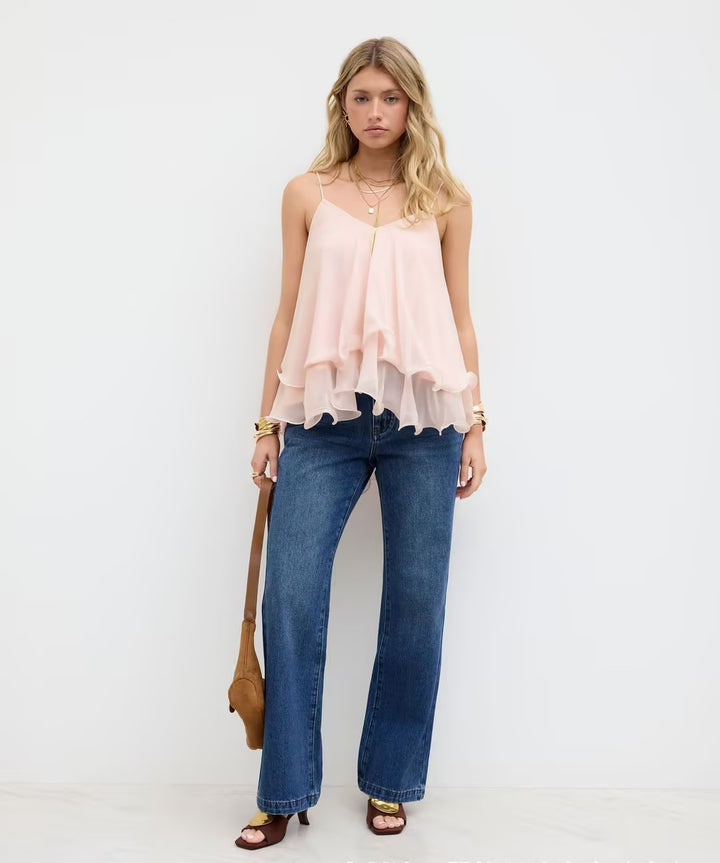 Mother’s Day Blush Pink Ruffle Cami Top | V-Neck Chiffon Tie-Back Babydoll Tank