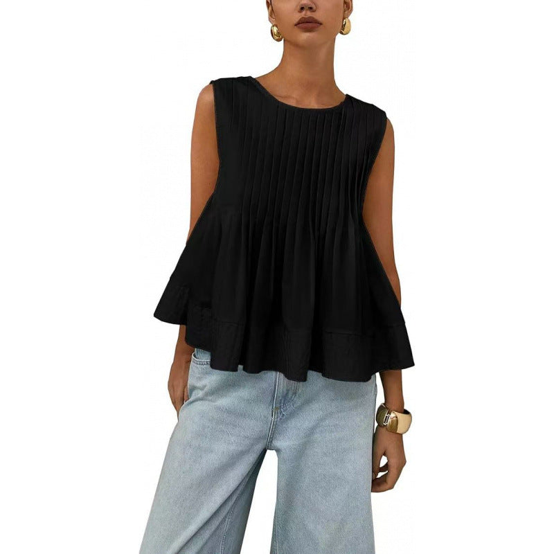 Pleated Peplum Sleeveless Blouse, Round Neck Flowy Summer Top