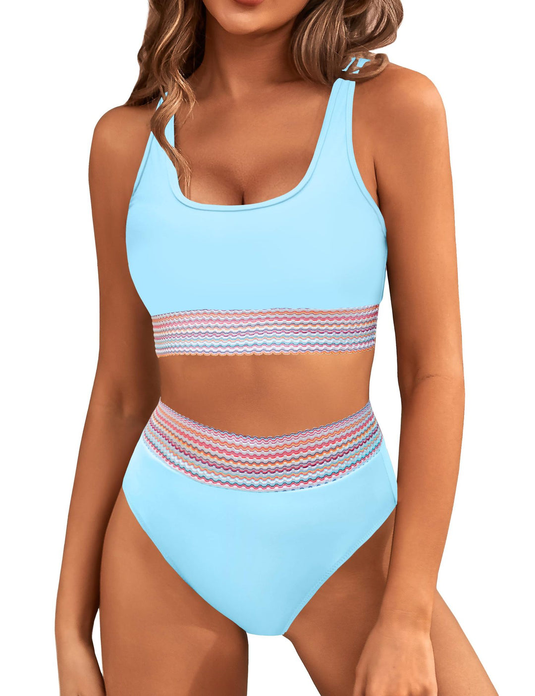 Rainbow Wavy Trim High-Waisted Bikini Set
