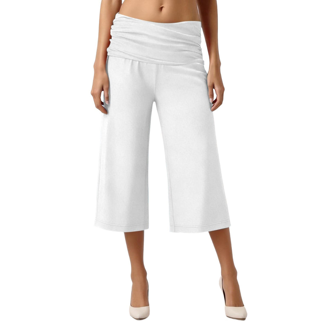 Fold-Over Waist Capri Pants, Soft Stretch Casual Cropped Trousers