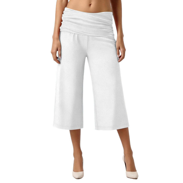 Fold-Over Waist Capri Pants, Soft Stretch Casual Cropped Trousers