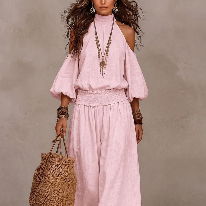 Cold Shoulder Halter Neck Linen Blend Two Piece Set