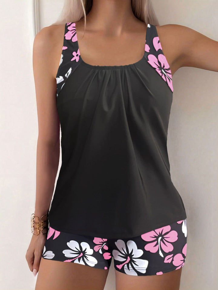Black Floral Print Tankini with Swim Shorts
