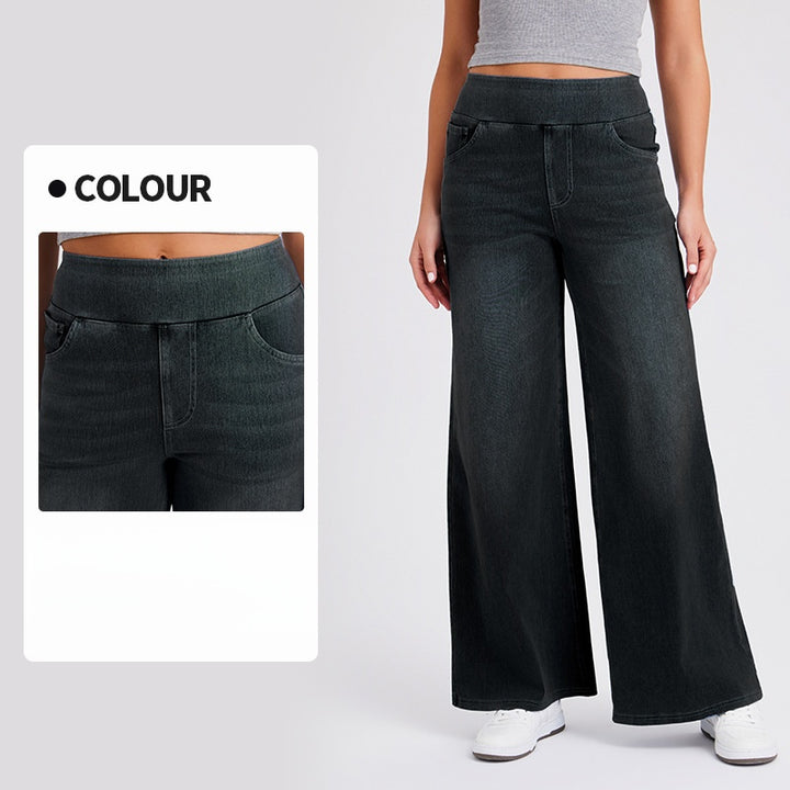 High-Waisted Stretch Pull-On Wide Leg Jeans | Ultra Comfort Soft Denim Pants