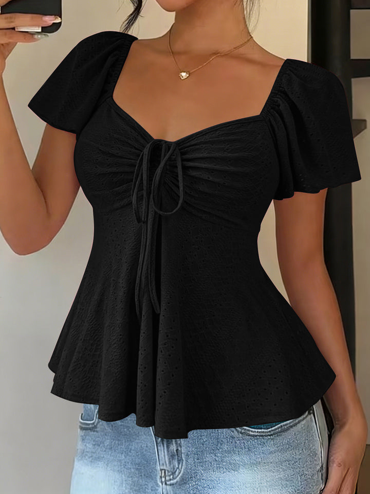White Eyelet Square Neck Peplum Blouse with Tie Detail