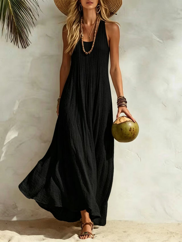 White Sleeveless Crinkled Linen-Blend Maxi Dress