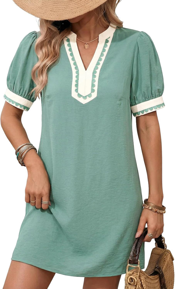 Light Pink Scalloped Embroidered Puff Sleeve Mini Shift Dress