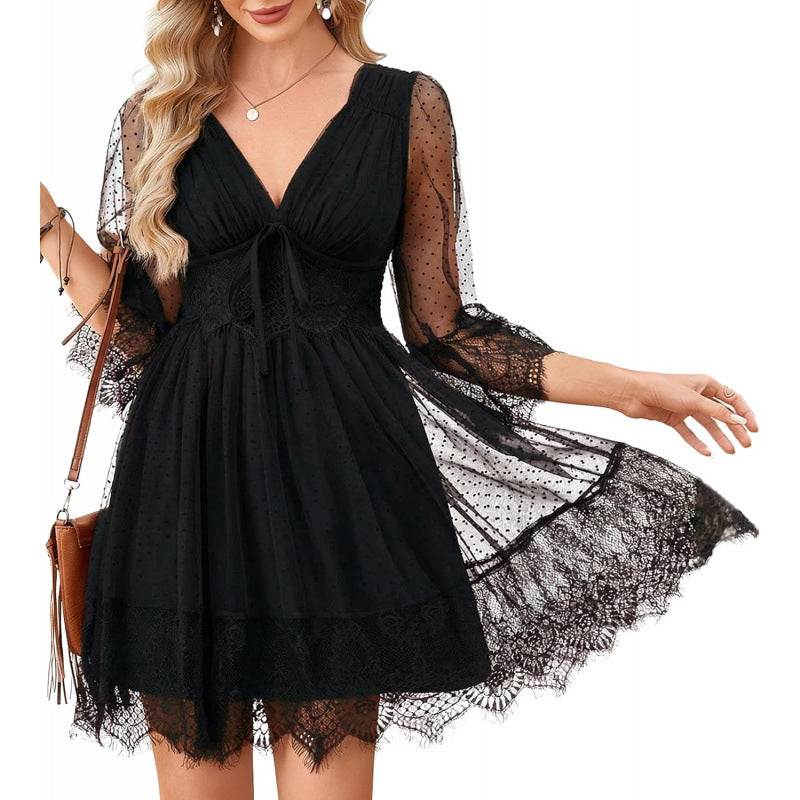 Beige Polka Dot Mesh Lace Mini Dress