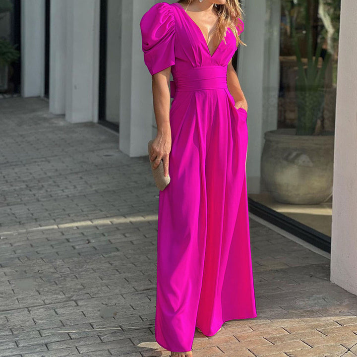 Puff Sleeve V-Neck Wide-Leg Jumpsuit