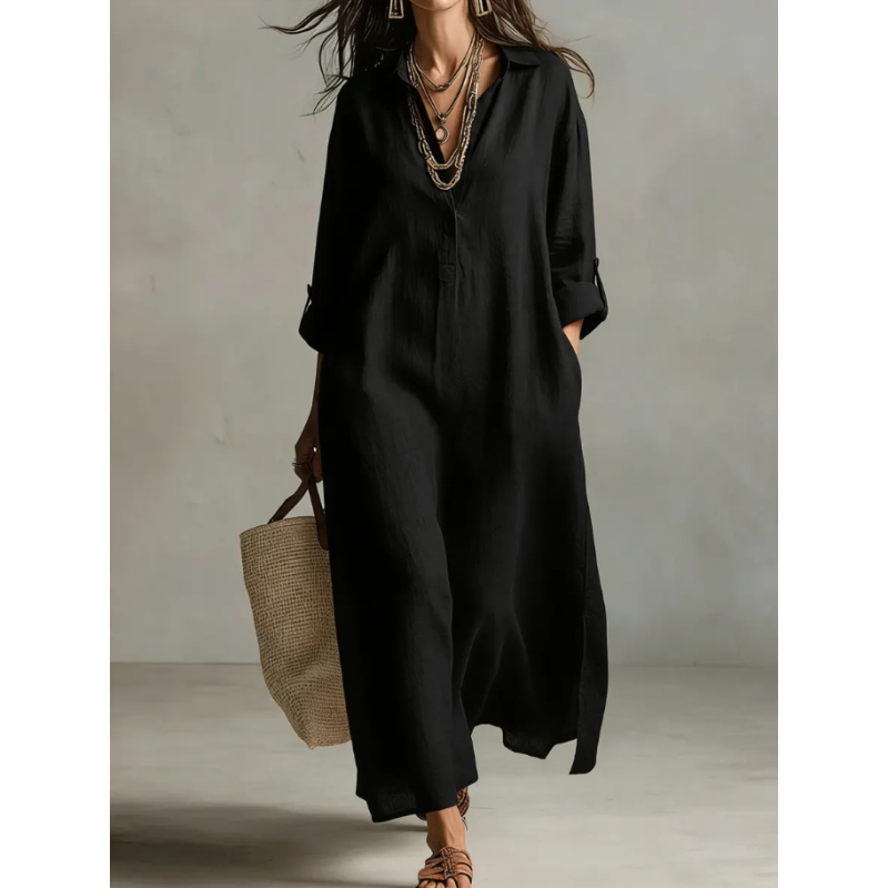 Linen Blend Half-Button Midi Shirt Dress