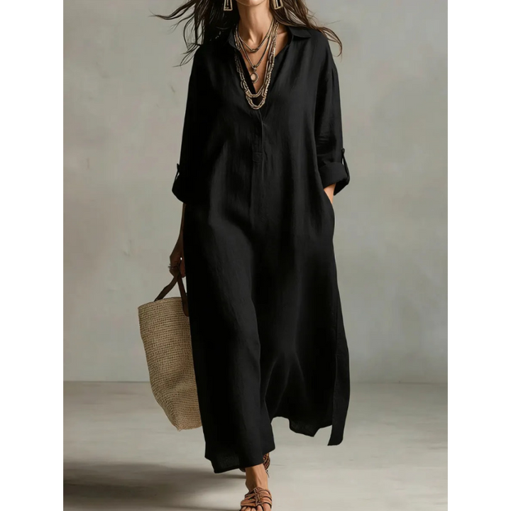 Linen Blend Half-Button Midi Shirt Dress