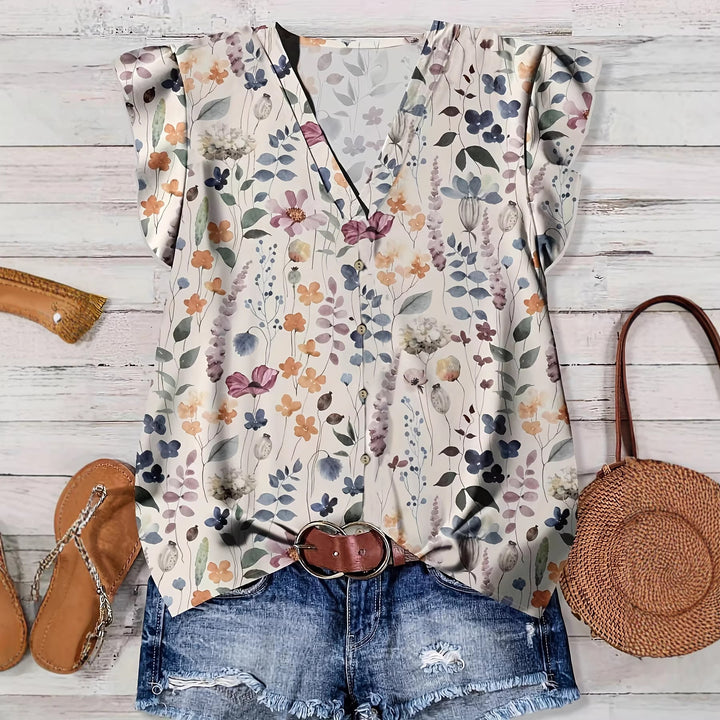 Watercolor Floral Print V-Neck Ruffle Sleeve Blouse