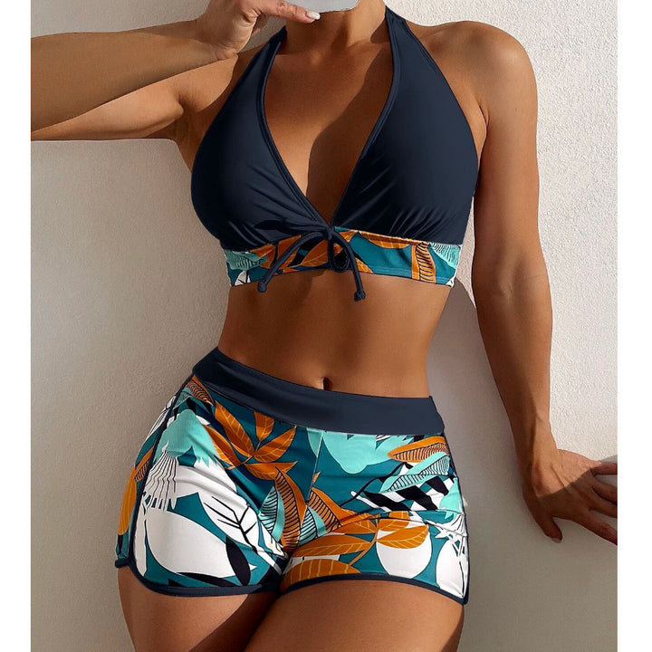 Tropical Print Halter Bikini Top &amp;amp; High-Waisted Swim Shorts Set