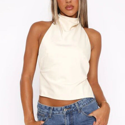Satin Halter Neck Backless Crop Top  Luxe shine. Statement silhouette.