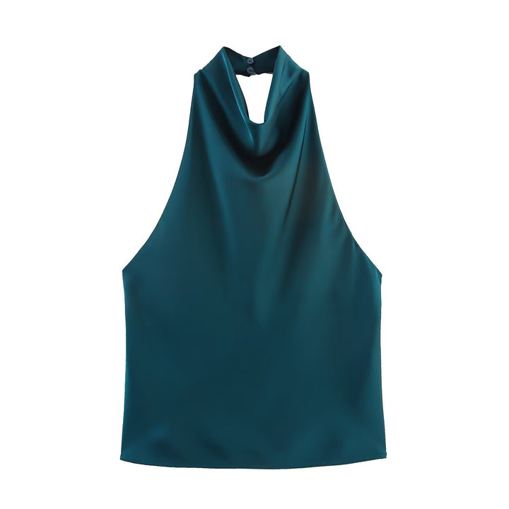 Chocolate Brown Cowl Neck Satin Halter Top, Elegant Sleeveless Blouse for Women