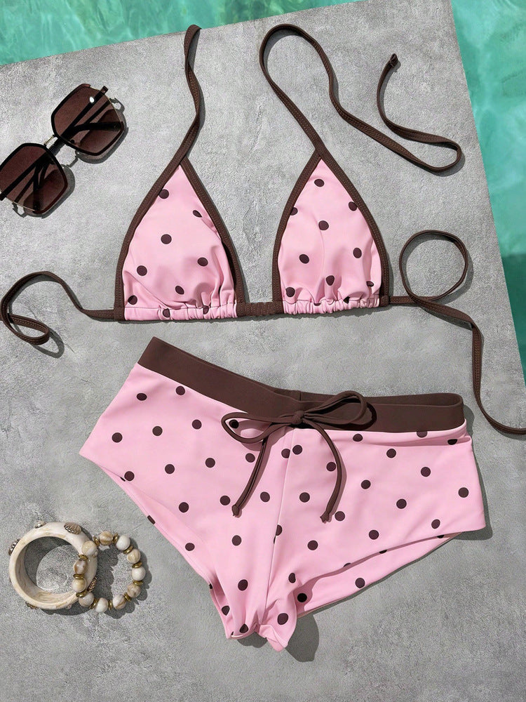 Polka Dot Halter Triangle Bikini Set | Retro Buttermilk Yellow &amp;amp; Brown High Waist Two-Piece Swimsuit