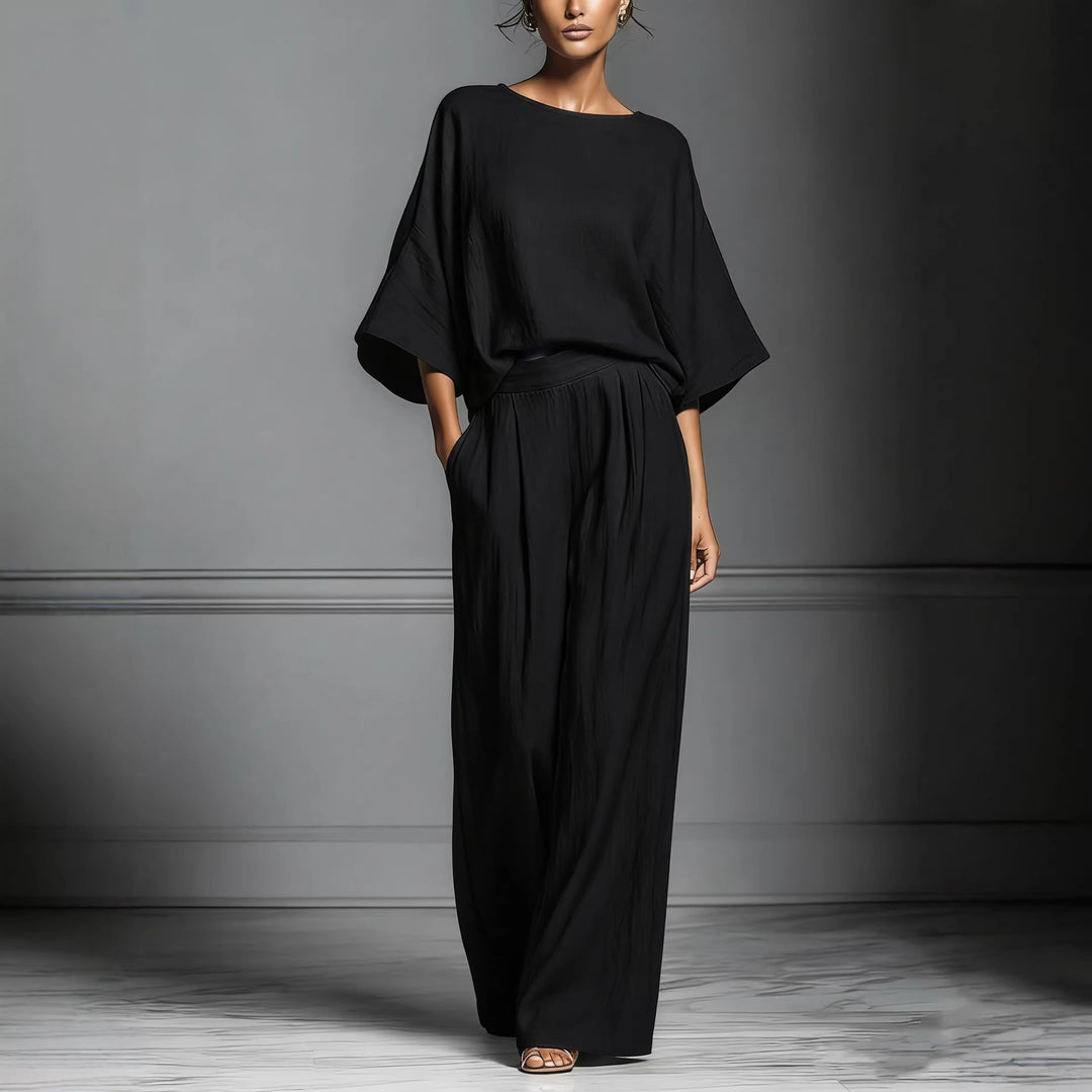 Linen Blend Oversized Top and Wide Leg Pants Two-Piece Set
