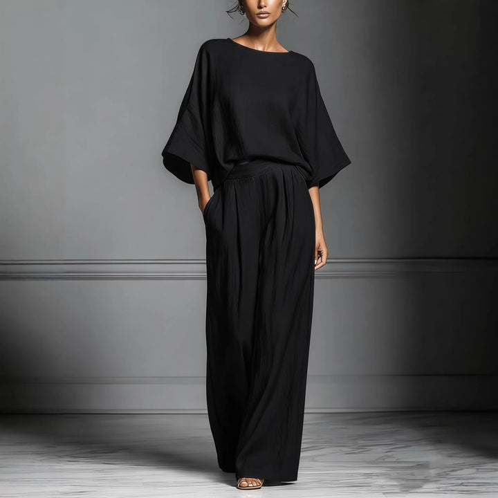 Linen Blend Oversized Top and Wide Leg Pants Two-Piece Set