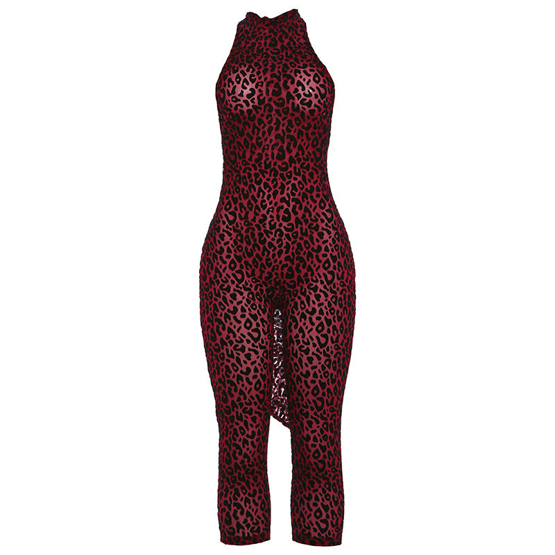 Leopard Print Halter Neck Bodycon Jumpsuit, Sleeveless Form-Fitting Catsuit for Women