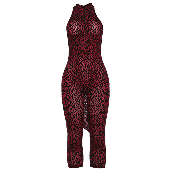 Leopard Print Halter Neck Bodycon Jumpsuit, Sleeveless Form-Fitting Catsuit for Women