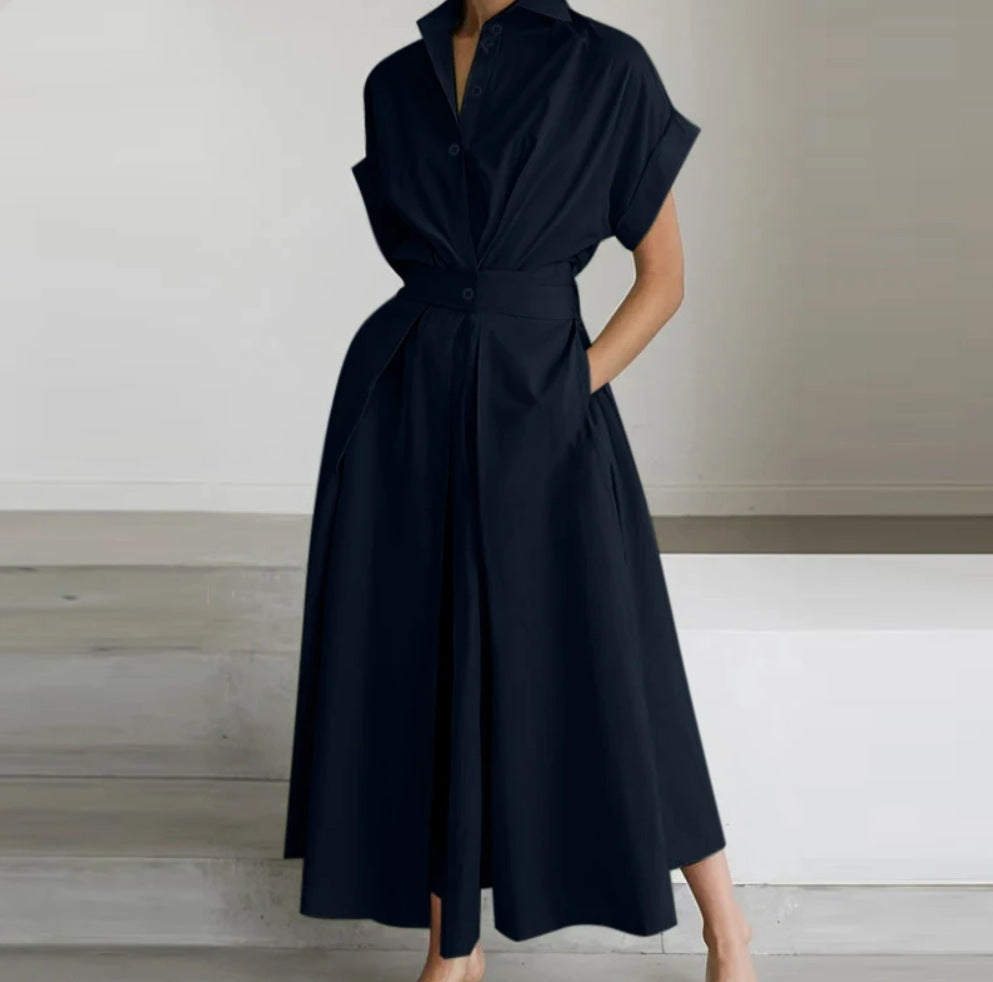 Solid Color Woven Collared Shirt Dress