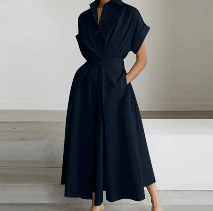 Solid Color Woven Collared Shirt Dress