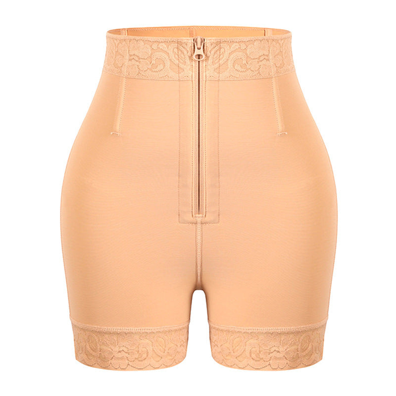 High-Waisted Lace Trim Shapewear Shorts, Zipper Tummy Control Body Shaper