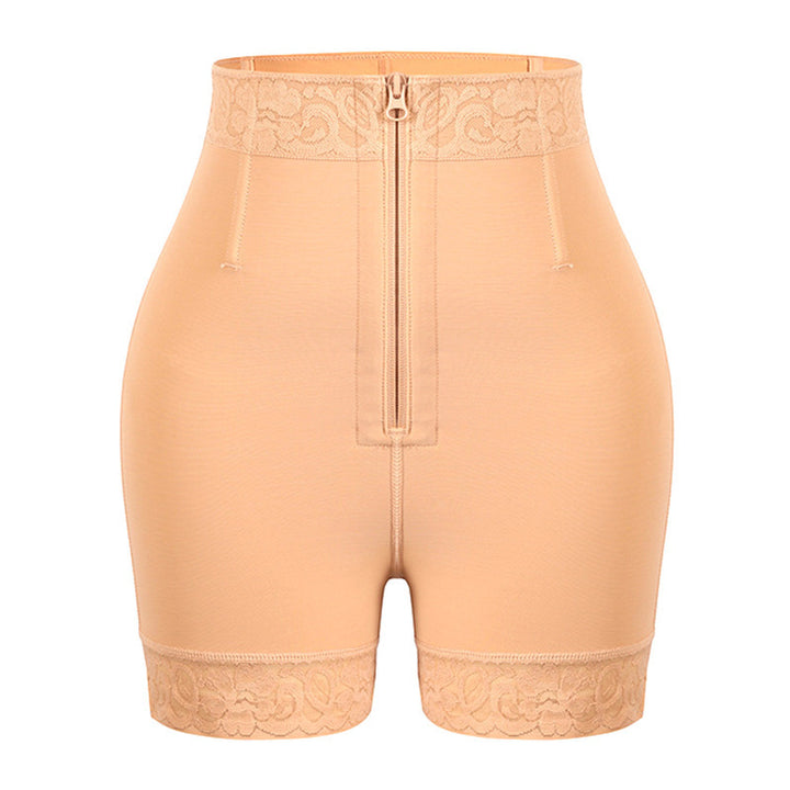 High-Waisted Lace Trim Shapewear Shorts, Zipper Tummy Control Body Shaper