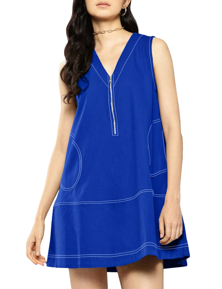 Sleeveless Shift Dress with Half-Zip Front &amp; Contrast Stitching