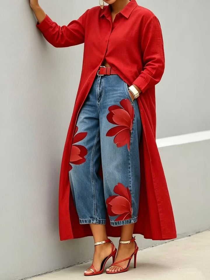Medium Wash Cropped Wide Leg Jeans with Large Blue Floral Print
