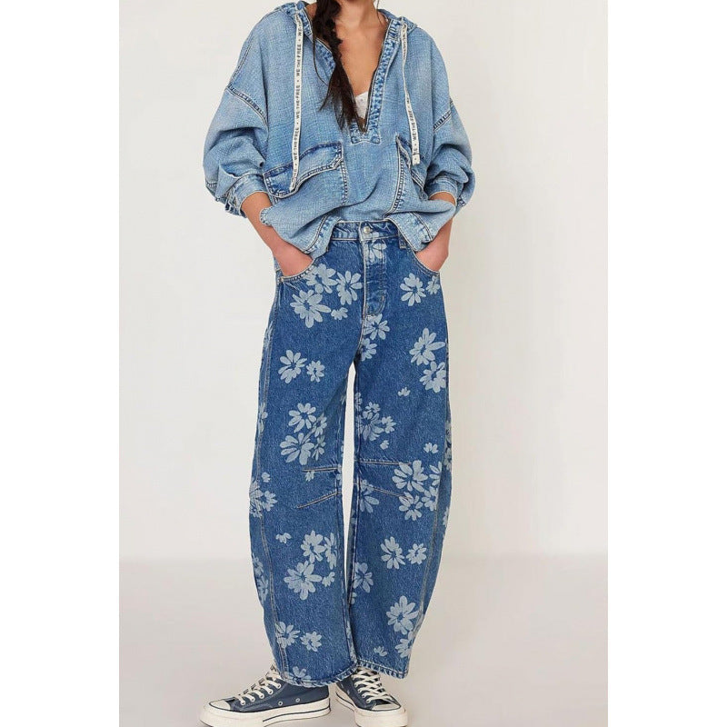 Women Y2k Distressed Barrel Jeans Baggy Wide Leg Jeans Floral Printed Boyfriend Patchwork Denim Pants