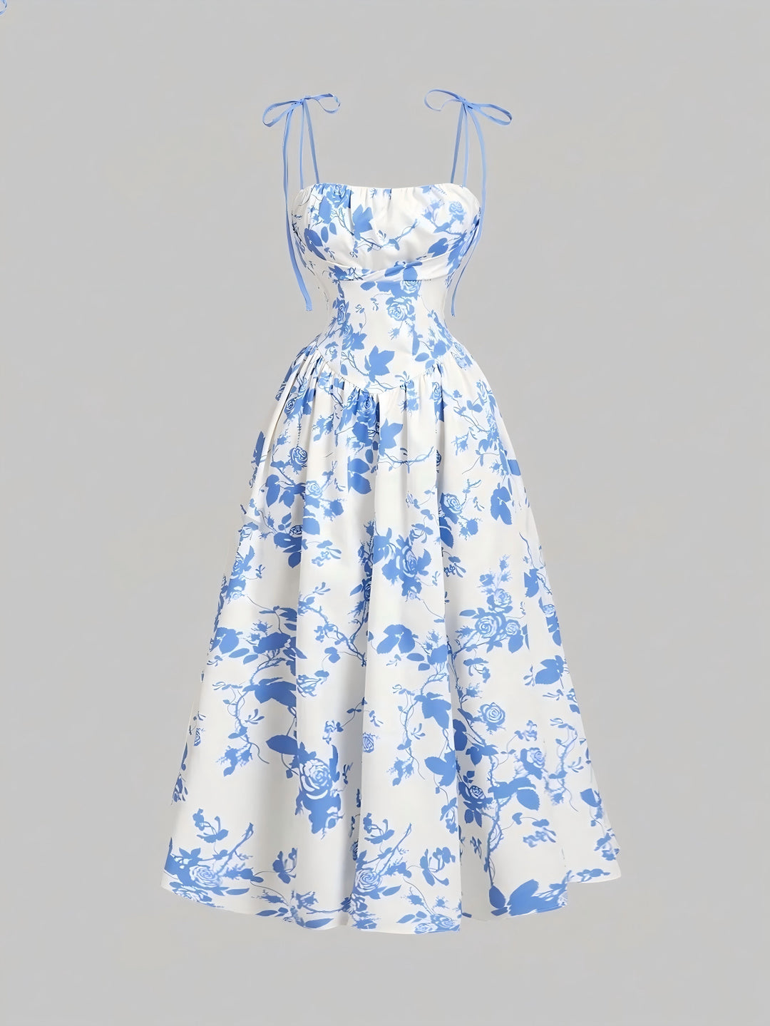 Black Floral Tie-Strap Midi A-Line Dress