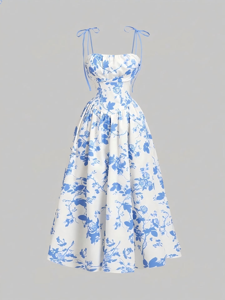 Black Floral Tie-Strap Midi A-Line Dress