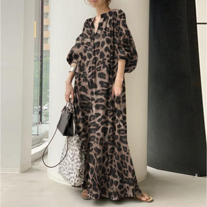 Leopard Print V-Neck Balloon Sleeve Maxi Dress