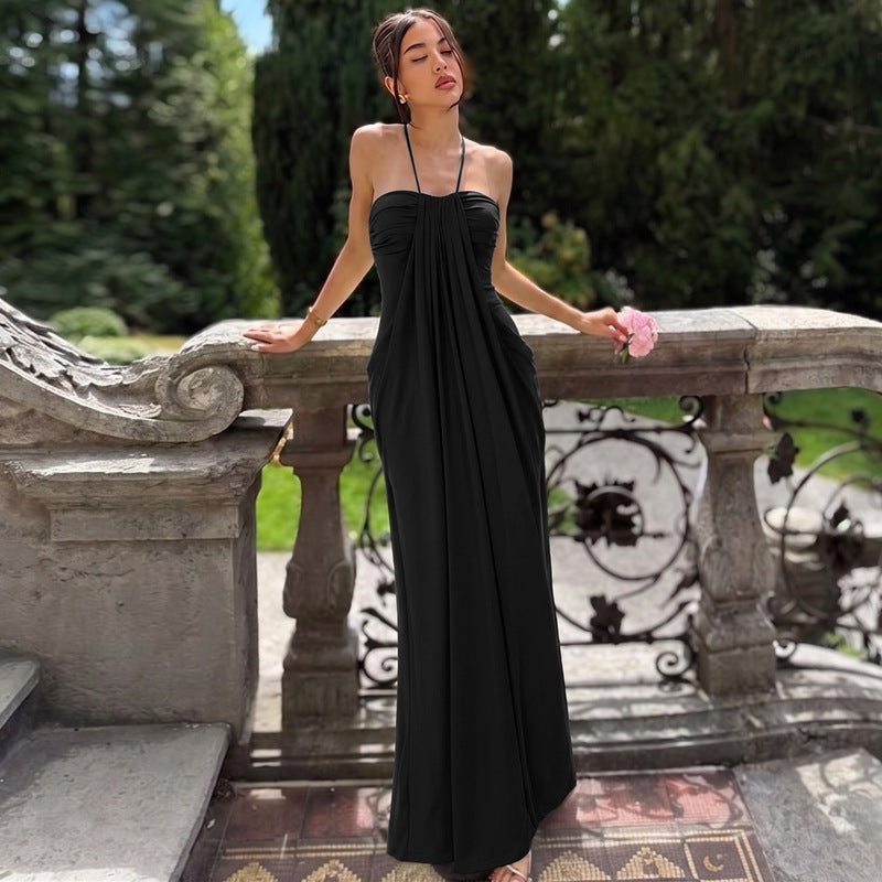 Draped Halter Neck Soft Jersey Midi Slip Dress in Pale Sky Blue