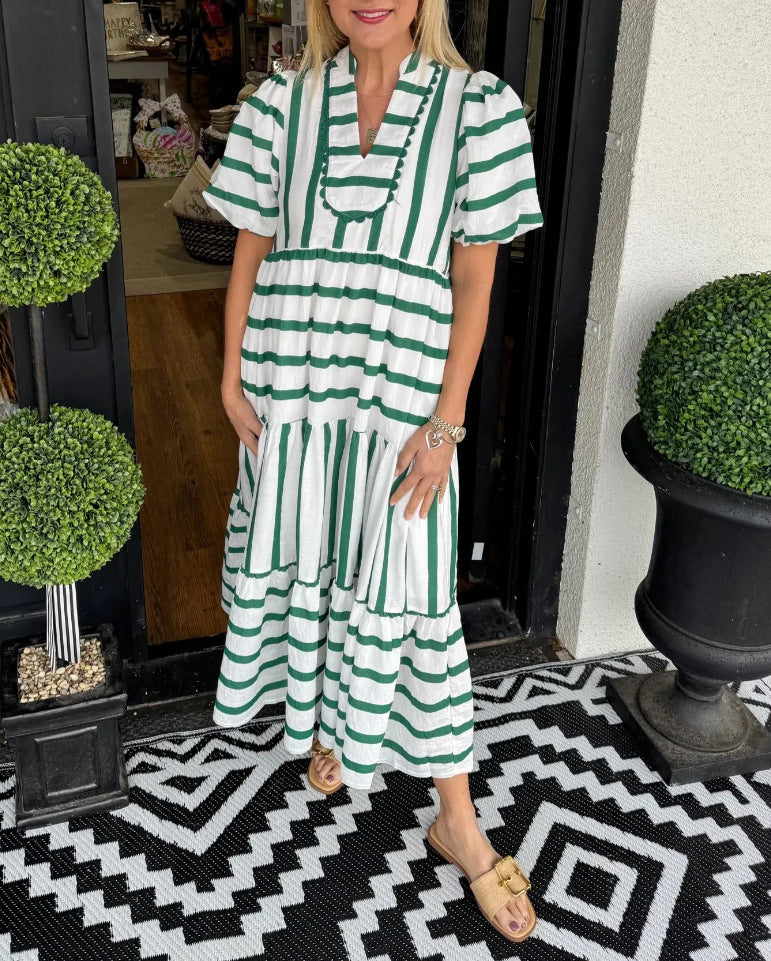 Blue &amp;amp; White Stripe Tiered Midi Dress