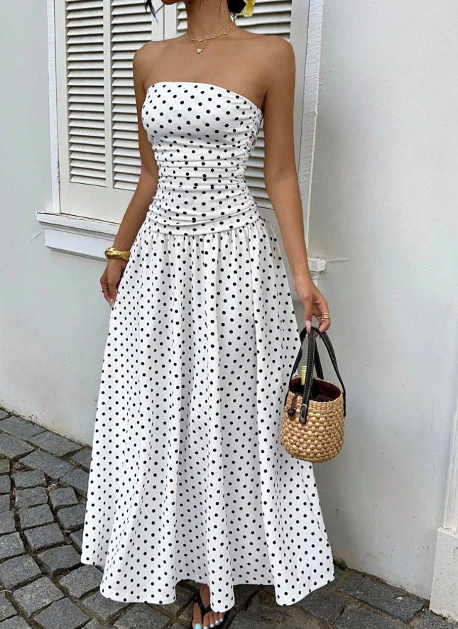 White Polka Dot Strapless Ruched Maxi Dress
