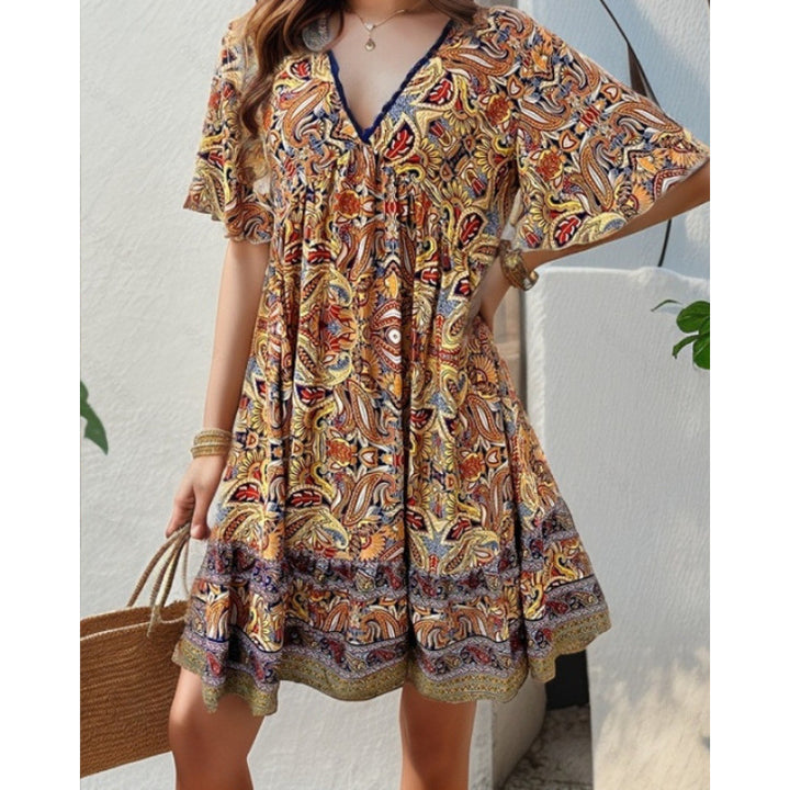 Boho Paisley Print V-Neck Ruffle Hem Mini Dress