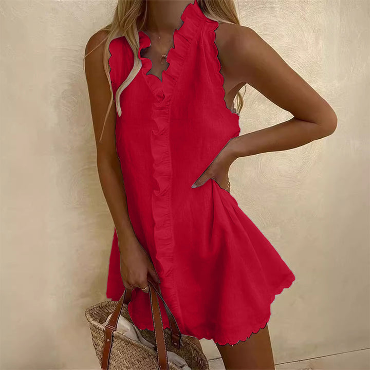 Ruffle Trim Linen-Blend Mini Dress