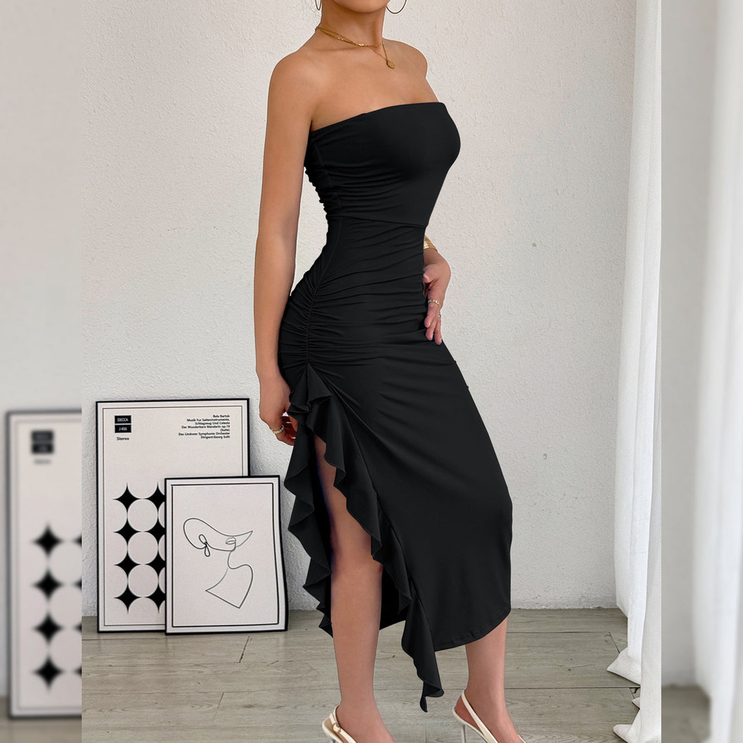 Black Strapless Ruched Ruffle Slit Midi Dress