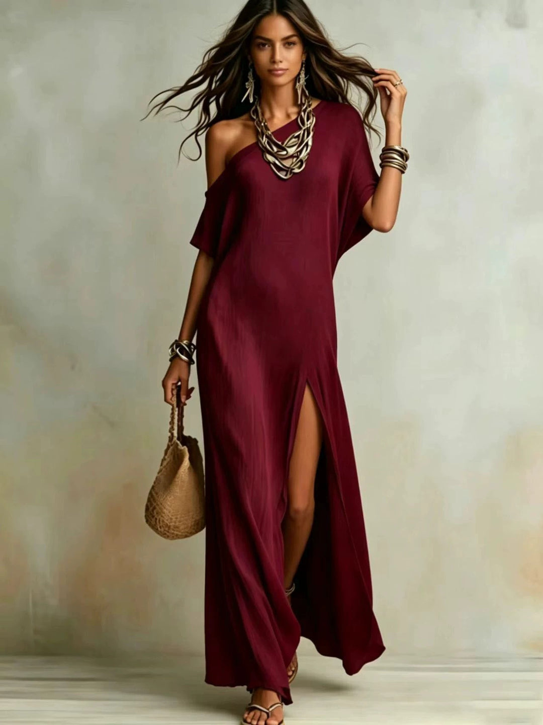 Asymmetric Off-Shoulder Slit Maxi Dress