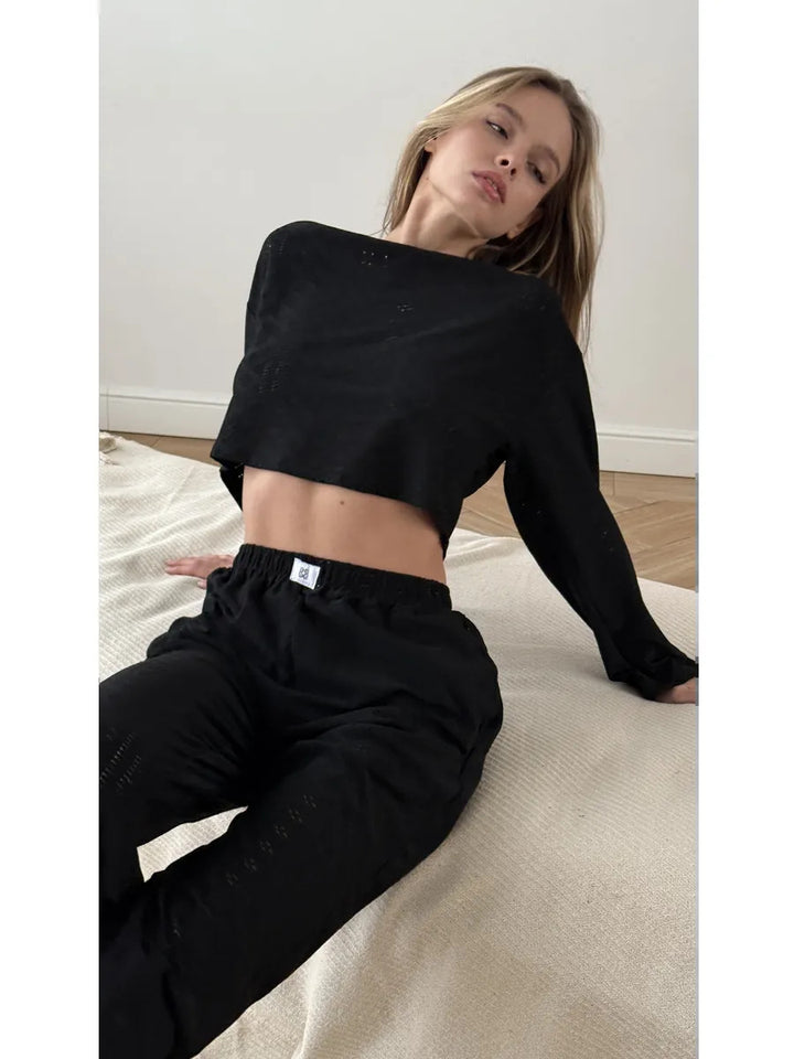 Eyelet Embroidered Two-Piece Lounge Set Soft comfort. Feminine detail. Everyday ease.